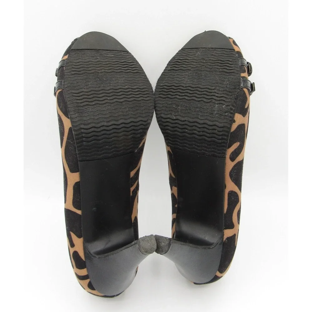 Candies Heels Brown & Black Leopard Fabric 3.5-Inch Heel Peep Toe Size 7M